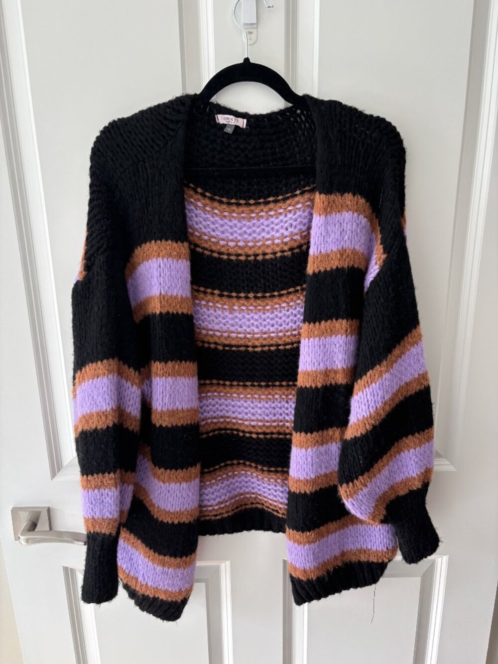 Own It Black Lavender Rust Striped Chunky Knit Cardigan, Made in Italy, Size S